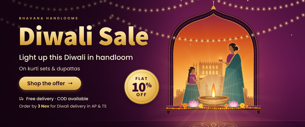 Diwali Sale at Bhavana Handlooms: flat 10% off kurti sets and dupattas, free delivery, COD available