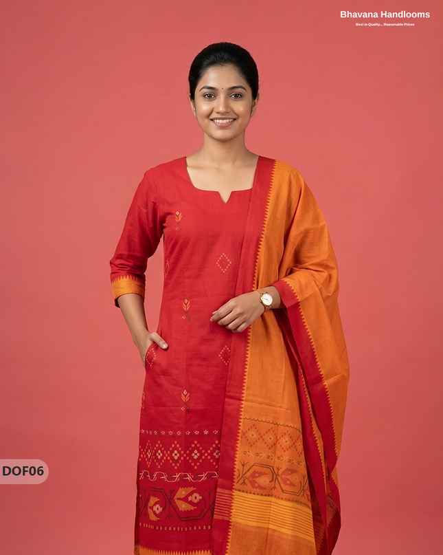Mangalagiri Handloom Printed Cotton Kurti Set Tomato Red Colour with Elastic Bottom | Ready-to-Wear Ethnic Wear
