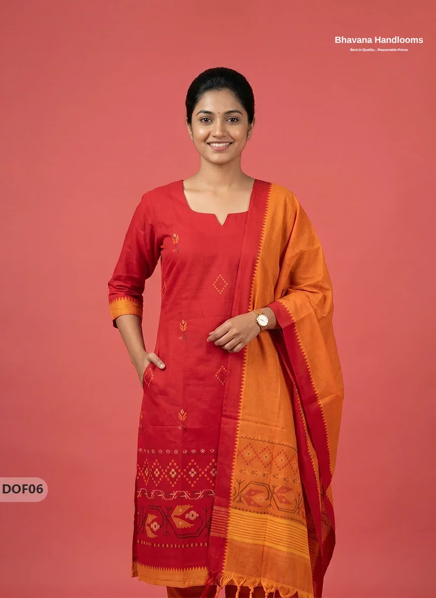 Mangalagiri Handloom Printed Cotton Kurti Set Tomato Red Colour with Elastic Bottom | Ready-to-Wear Ethnic Wear