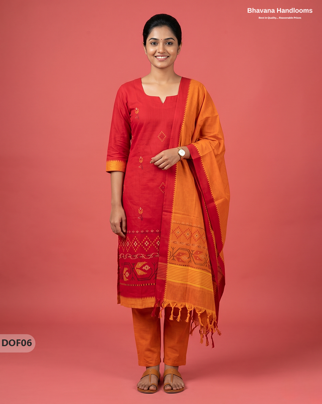 Mangalagiri Handloom Printed Cotton Kurti Set Tomato Red Colour with Elastic Bottom | Ready-to-Wear Ethnic Wear