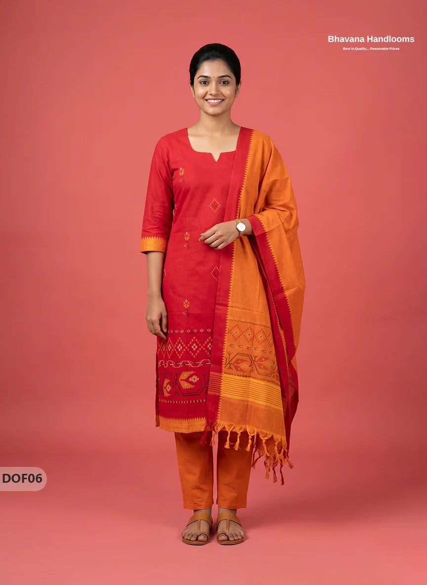 Mangalagiri Handloom Printed Cotton Kurti Set Tomato Red Colour with Elastic Bottom | Ready-to-Wear Ethnic Wear