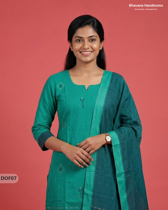Mangalagiri Handloom Printed Cotton Kurti Set Sea Green Colour with Elastic Bottom | Ready-to-Wear Ethnic Wear