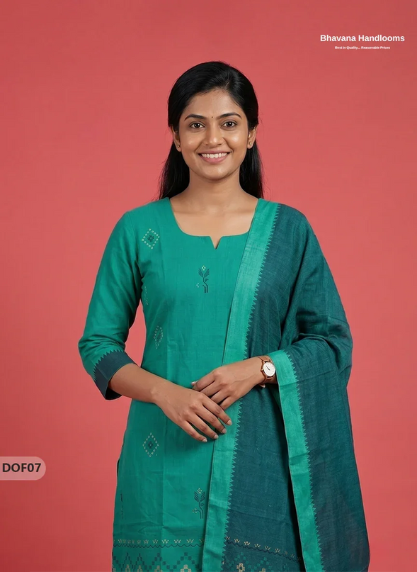 Mangalagiri Handloom Printed Cotton Kurti Set Sea Green Colour with Elastic Bottom | Ready-to-Wear Ethnic Wear