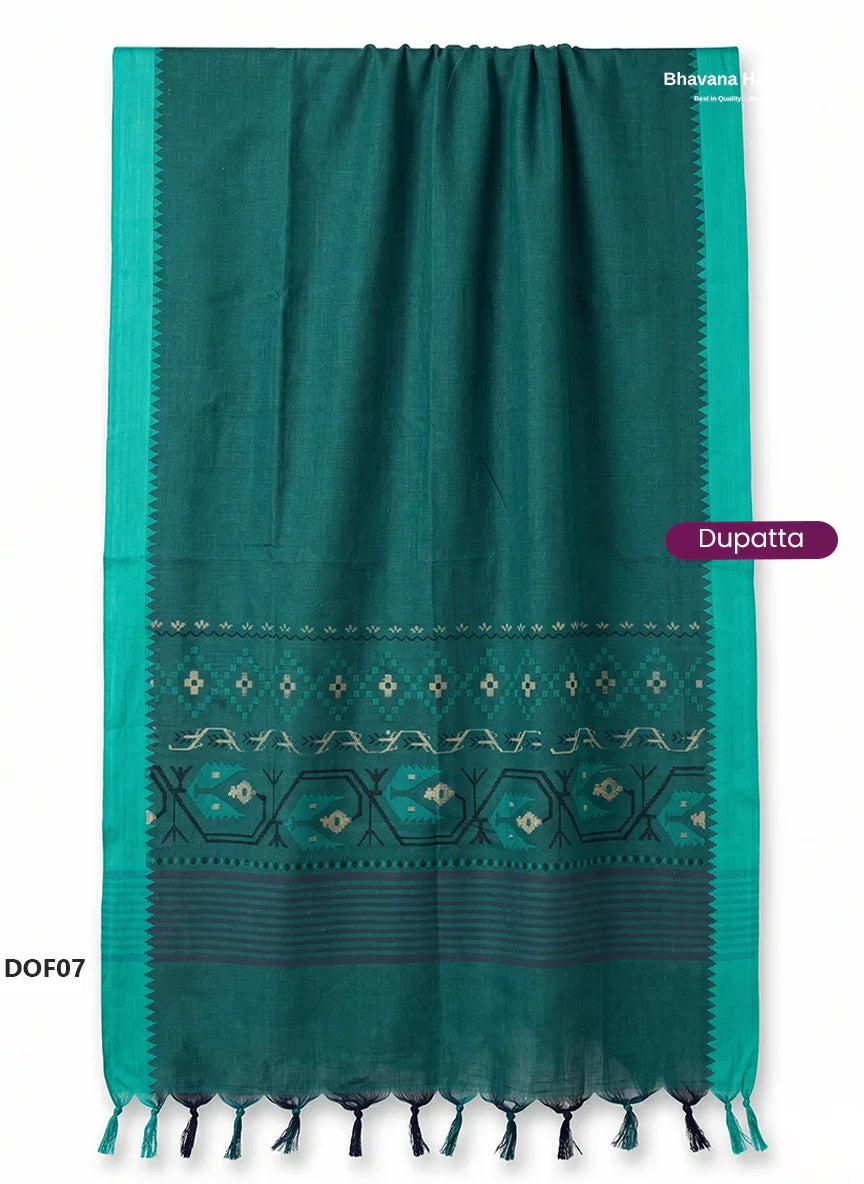 Mangalagiri Handloom Printed Cotton Kurti Set Sea Green Colour with Elastic Bottom | Ready-to-Wear Ethnic Wear