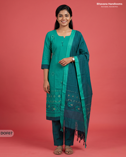 Mangalagiri Handloom Printed Cotton Kurti Set Sea Green Colour with Elastic Bottom | Ready-to-Wear Ethnic Wear