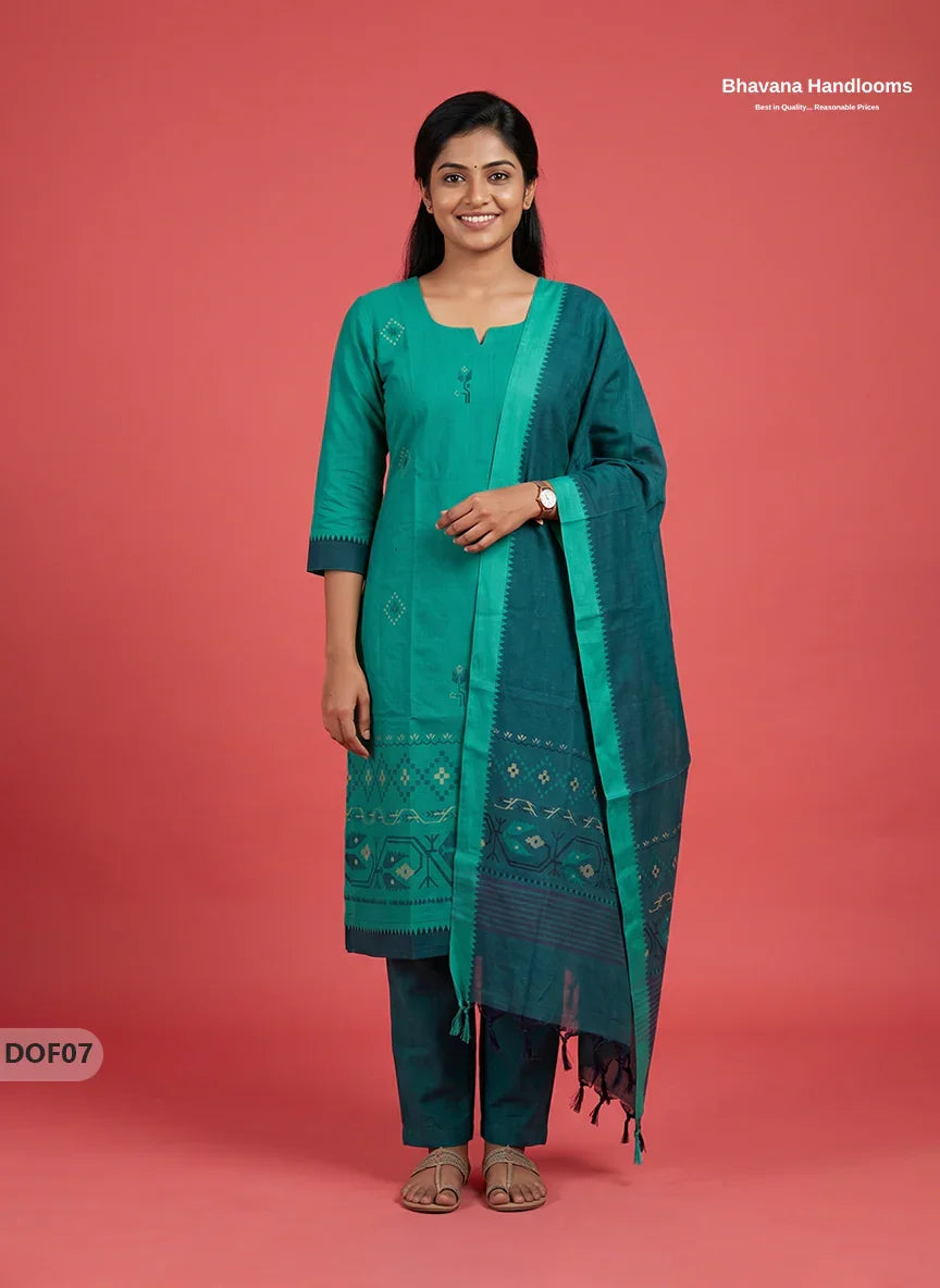 Mangalagiri Handloom Printed Cotton Kurti Set Sea Green Colour with Elastic Bottom | Ready-to-Wear Ethnic Wear