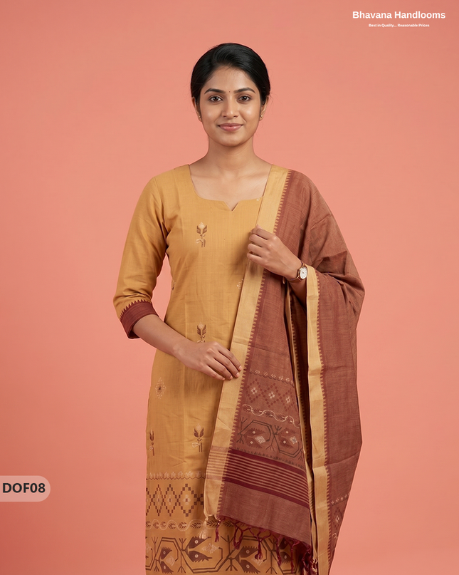 Mangalagiri Handloom Printed Cotton Kurti Set Beige Gold Colour with Elastic Bottom | Ready-to-Wear Ethnic Wear