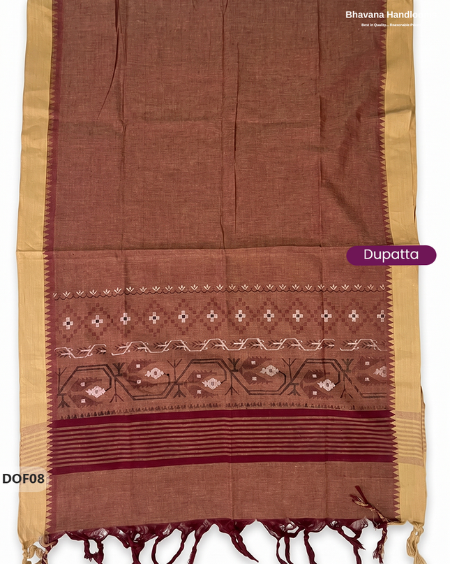 Mangalagiri Handloom Printed Cotton Kurti Set Beige Gold Colour with Elastic Bottom | Ready-to-Wear Ethnic Wear
