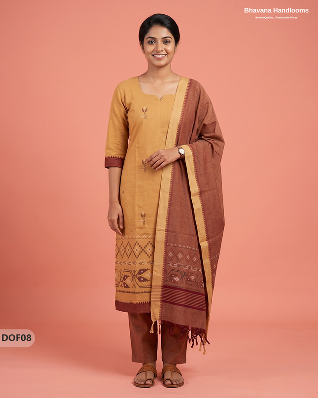 Mangalagiri Handloom Printed Cotton Kurti Set Beige Gold Colour with Elastic Bottom | Ready-to-Wear Ethnic Wear