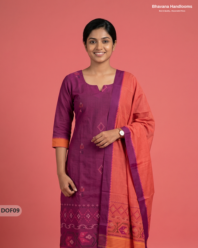 Mangalagiri Handloom Printed Cotton Kurti Set Rani Pink Colour with Elastic Bottom | Ready-to-Wear Ethnic Wear