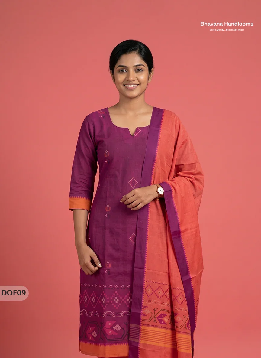 Mangalagiri Handloom Printed Cotton Kurti Set Rani Pink Colour with Elastic Bottom | Ready-to-Wear Ethnic Wear
