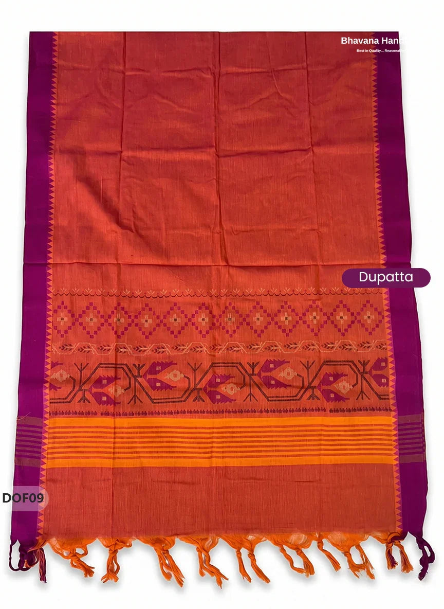 Mangalagiri Handloom Printed Cotton Kurti Set Rani Pink Colour with Elastic Bottom | Ready-to-Wear Ethnic Wear