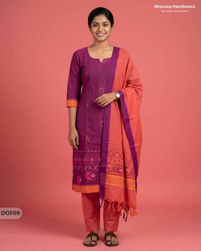 Mangalagiri Handloom Printed Cotton Kurti Set Rani Pink Colour with Elastic Bottom | Ready-to-Wear Ethnic Wear