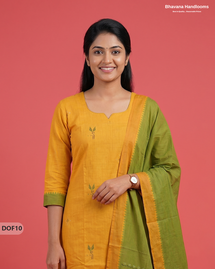 Mangalagiri Handloom Printed Cotton Kurti Set Yellow Colour with Elastic Bottom | Ready-to-Wear Ethnic Wear