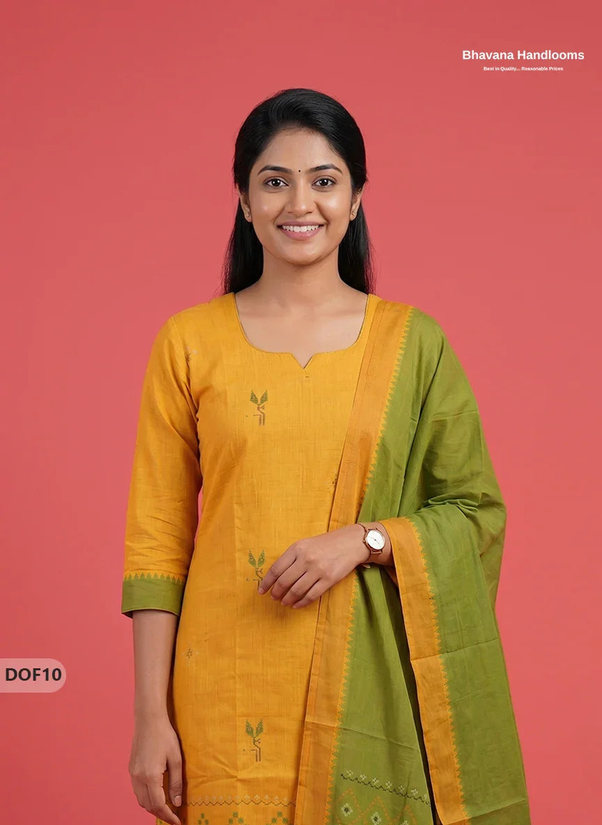 Mangalagiri Handloom Printed Cotton Kurti Set Yellow Colour with Elastic Bottom | Ready-to-Wear Ethnic Wear