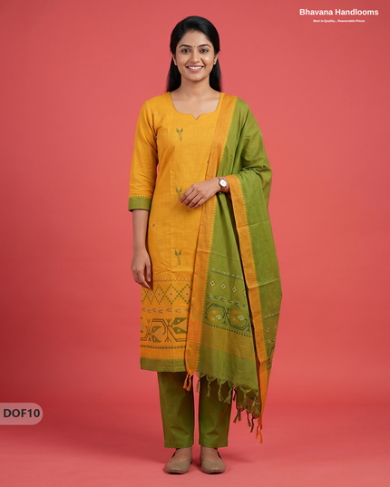 Mangalagiri Handloom Printed Cotton Kurti Set Yellow Colour with Elastic Bottom | Ready-to-Wear Ethnic Wear