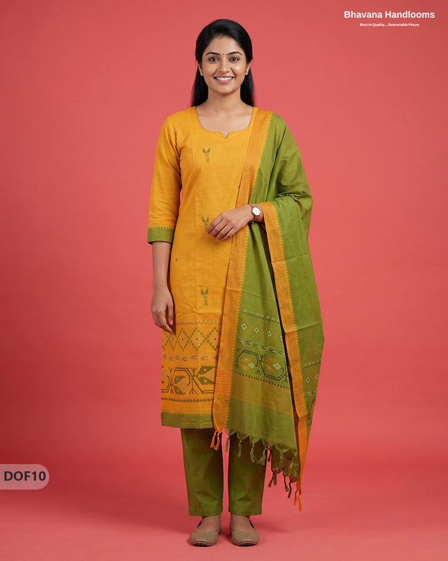 Mangalagiri Handloom Printed Cotton Kurti Set Yellow Colour with Elastic Bottom | Ready-to-Wear Ethnic Wear