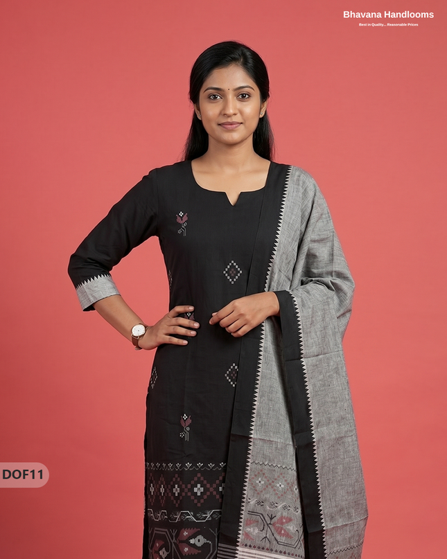 Mangalagiri Handloom Printed Cotton Kurti Set Black Colour with Elastic Bottom | Ready-to-Wear Ethnic Wear
