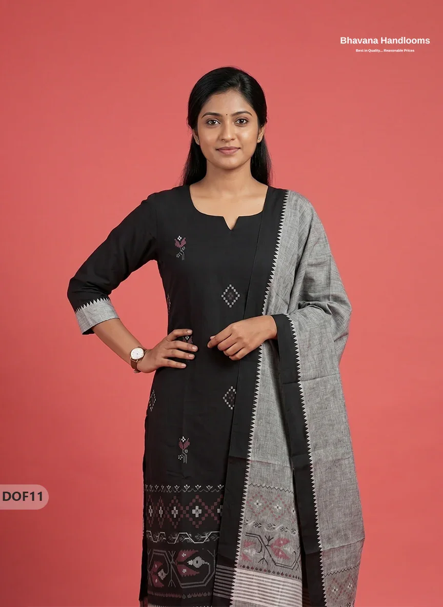 Mangalagiri Handloom Printed Cotton Kurti Set Black Colour with Elastic Bottom | Ready-to-Wear Ethnic Wear