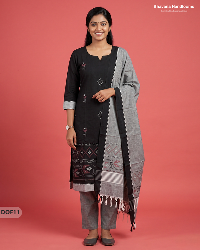Mangalagiri Handloom Printed Cotton Kurti Set Black Colour with Elastic Bottom | Ready-to-Wear Ethnic Wear