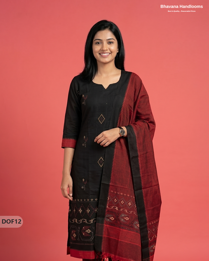 Mangalagiri Handloom Printed Cotton Kurti Set Black Colour with Elastic Bottom | Ready-to-Wear Ethnic Wear