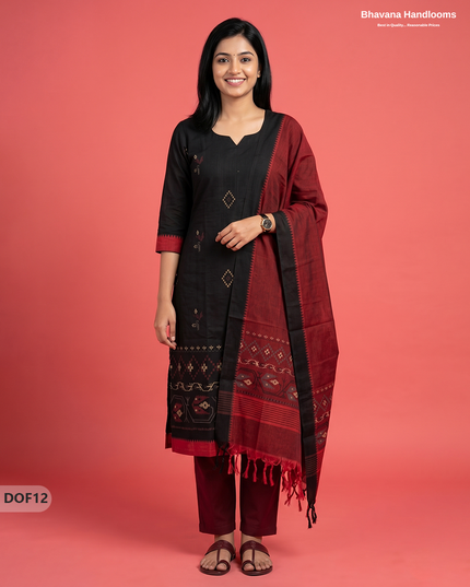 Mangalagiri Handloom Printed Cotton Kurti Set Black Colour with Elastic Bottom | Ready-to-Wear Ethnic Wear