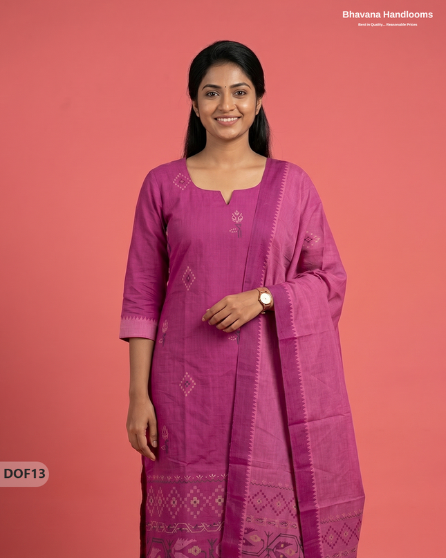 Mangalagiri Handloom Printed Cotton Kurti Set Magenta Pink Colour with Elastic Bottom | Ready-to-Wear Ethnic Wear