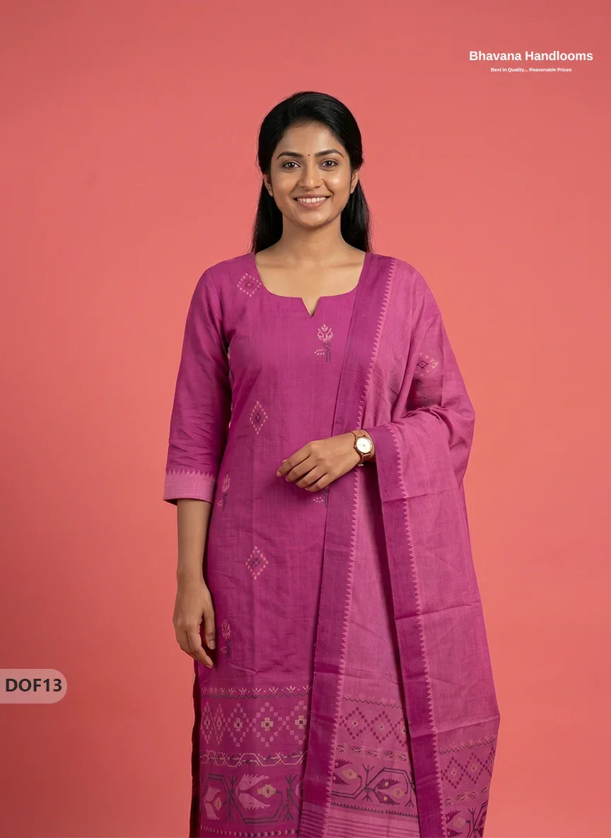 Mangalagiri Handloom Printed Cotton Kurti Set Magenta Pink Colour with Elastic Bottom | Ready-to-Wear Ethnic Wear