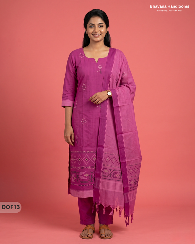 Mangalagiri Handloom Printed Cotton Kurti Set Magenta Pink Colour with Elastic Bottom | Ready-to-Wear Ethnic Wear