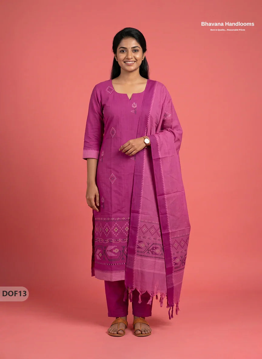 Mangalagiri Handloom Printed Cotton Kurti Set Magenta Pink Colour with Elastic Bottom | Ready-to-Wear Ethnic Wear