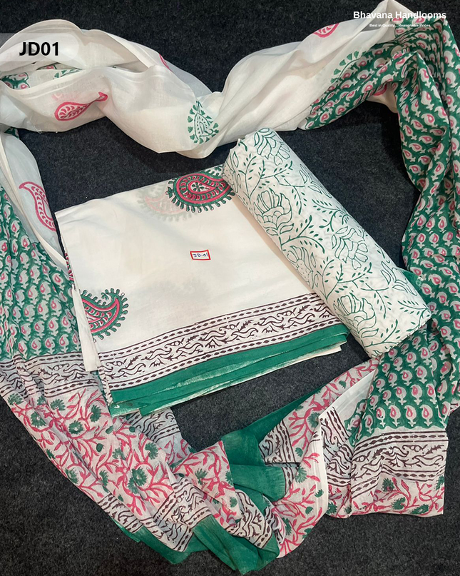 Jaipur Handblock Cotton Dress Material – White & Elf Green
