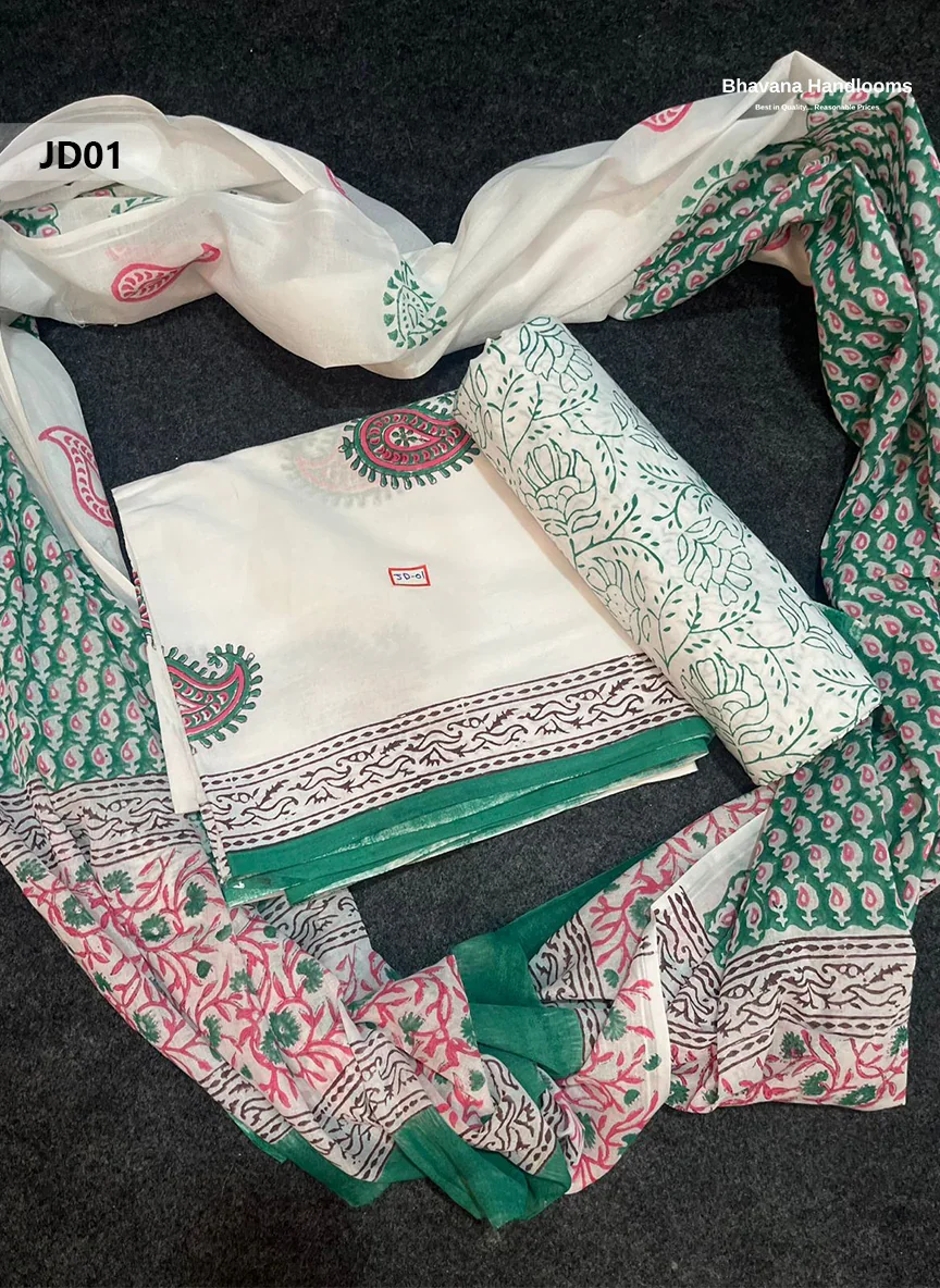 Jaipur Handblock Cotton Dupatta  Dress Material – White & Elf Green