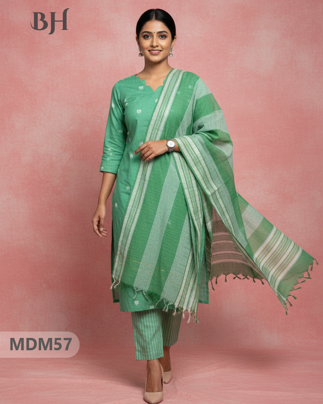 Handloom Jacquard 3pc Suit Set – Green with Pocket, Elastic Bottom & Full Lining