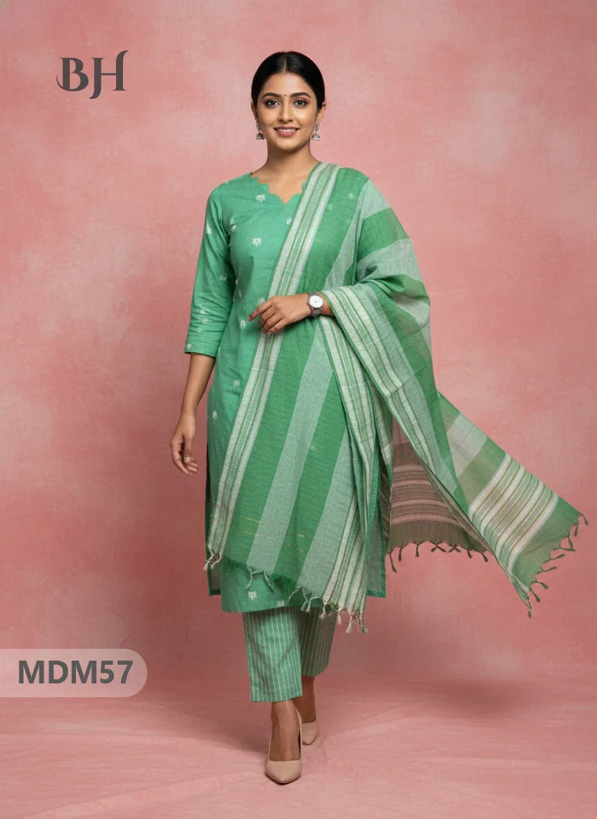 Handloom Jacquard 3pc Suit Set – Green with Pocket, Elastic Bottom & Full Lining