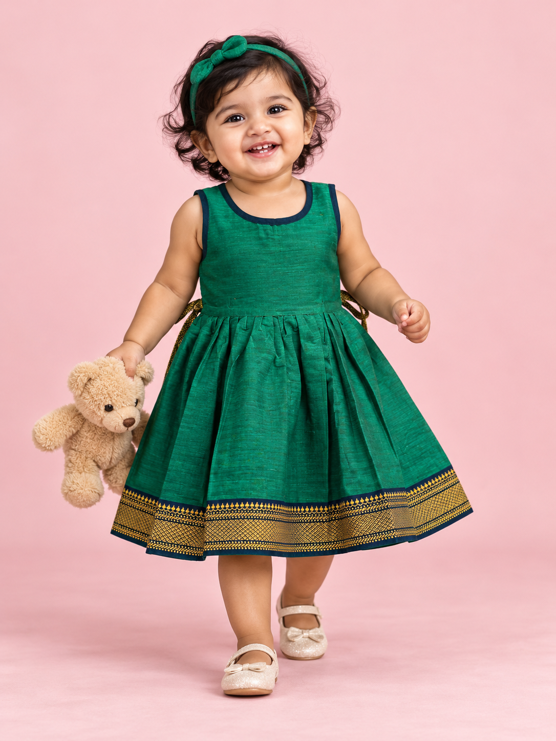 Emerald Green & Gold Border Baby Frock for Girls – 1 to 3 Years – photo 1