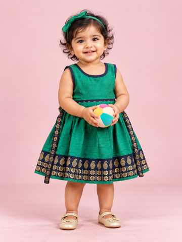 Emerald Green & Navy Border Baby Frock for Girls – 1 to 3 Years – photo 1