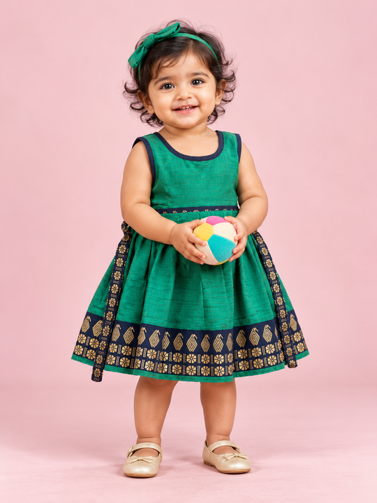 Emerald Green & Navy Border Baby Frock for Girls – 1 to 3 Years – photo 1