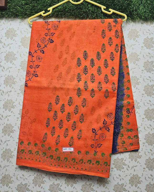 Vasundhara 120count Printed Cotton Saree with Orange colour