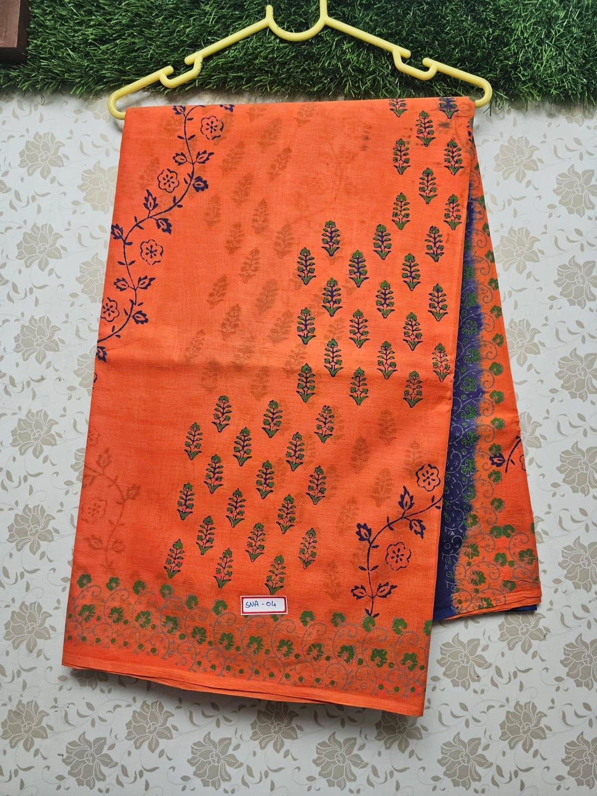 Vasundhara 120count Printed Cotton Saree with Orange colour