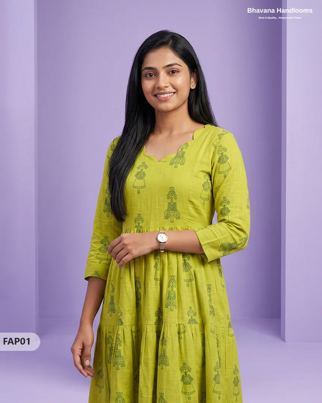 Stylish Malai Cotton Frock in Lime Green Colour | Breathable Daily Wear