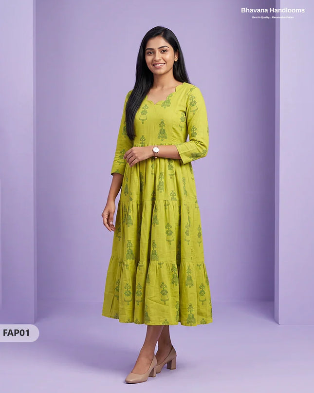 Stylish Malai Cotton Frock in Lime Green Colour | Breathable Daily Wear
