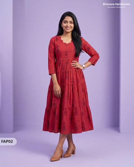 Stylish Malai Cotton Frock in Crimson Red Colour | Breathable Daily Wear
