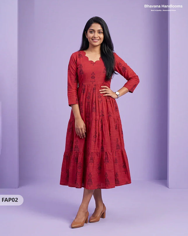 Stylish Malai Cotton Frock in Crimson Red Colour | Breathable Daily Wear