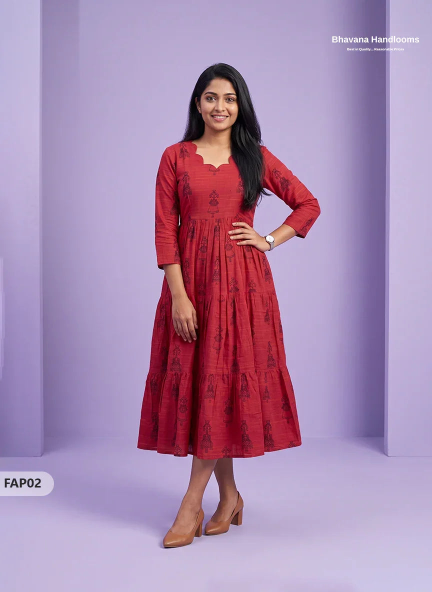 Stylish Malai Cotton Frock in Crimson Red Colour | Breathable Daily Wear
