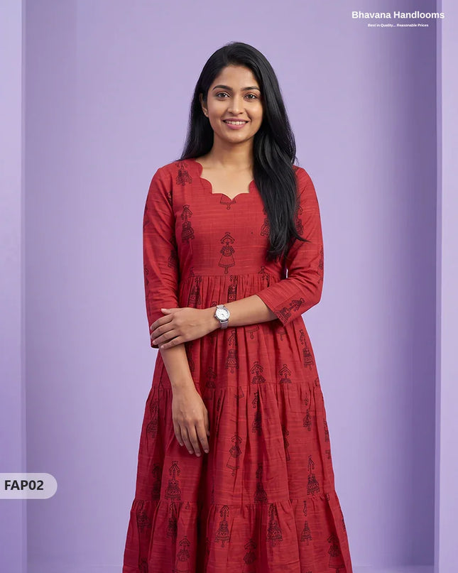 Stylish Malai Cotton Frock in Crimson Red Colour | Breathable Daily Wear