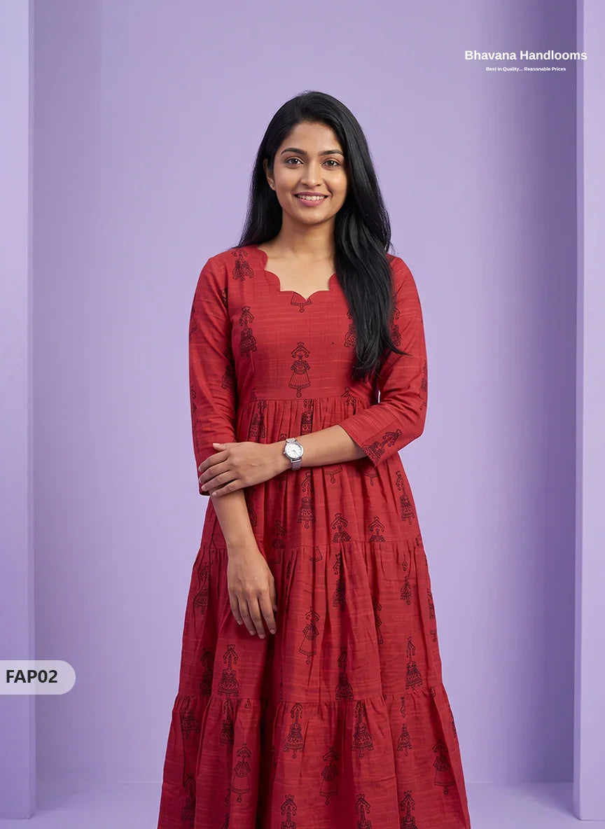 Stylish Malai Cotton Frock in Crimson Red Colour | Breathable Daily Wear