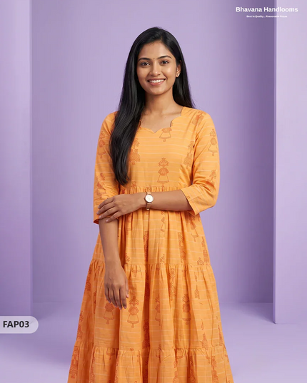 Stylish Malai Cotton Frock in Marigold Yellow Colour | Breathable Daily Wear