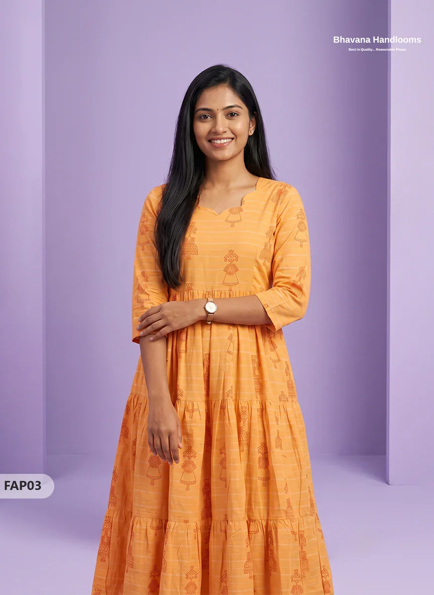 Stylish Malai Cotton Frock in Marigold Yellow Colour | Breathable Daily Wear