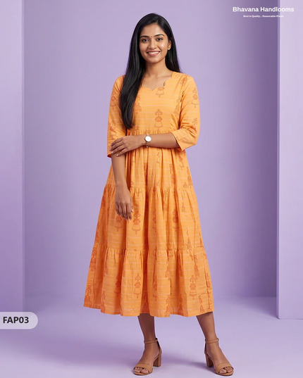 Stylish Malai Cotton Frock in Marigold Yellow Colour | Breathable Daily Wear