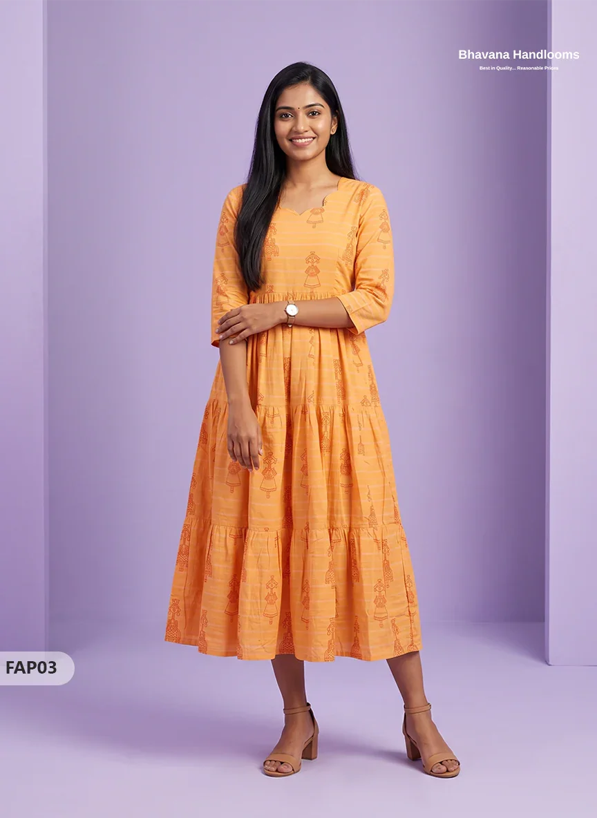 Stylish Malai Cotton Frock in Marigold Yellow Colour | Breathable Daily Wear